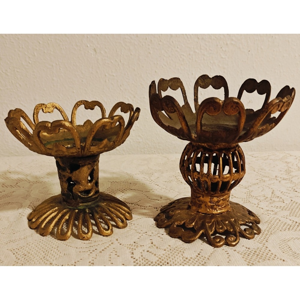 Pair Of Two Gold Gilt Brass Metal Brutalist Mid Century Candle Pillar/Holders